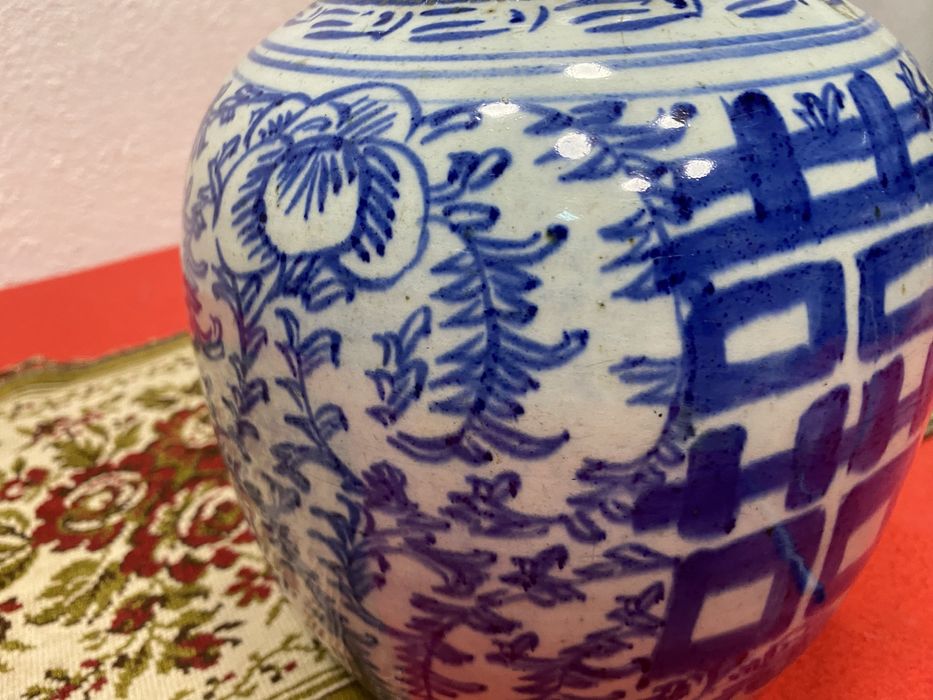 Китайски буркан Double Happiness синьо бял винтидж 1900 г