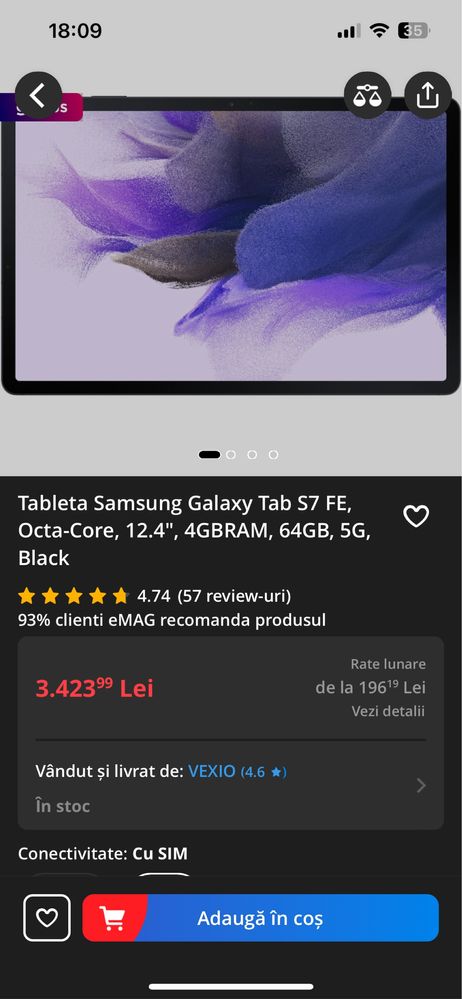 Tableta Samsung Galaxy Tab S7 FE  12.4" , 64GB, 5G,