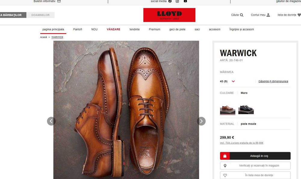 Pantofi derby 43 wingtip brogue premium LLOYD piele naturala