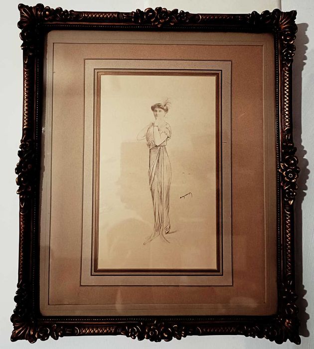 Tablou vechi desen in creion, portret dama, rama antica 1926