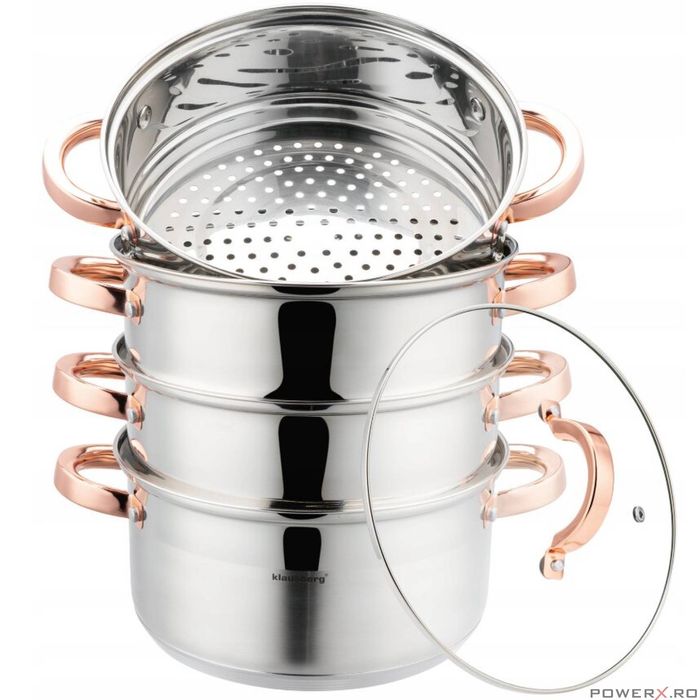 Set de 5 piese, oala pentru fiert cu abur, inox, diametru 22 cm,
