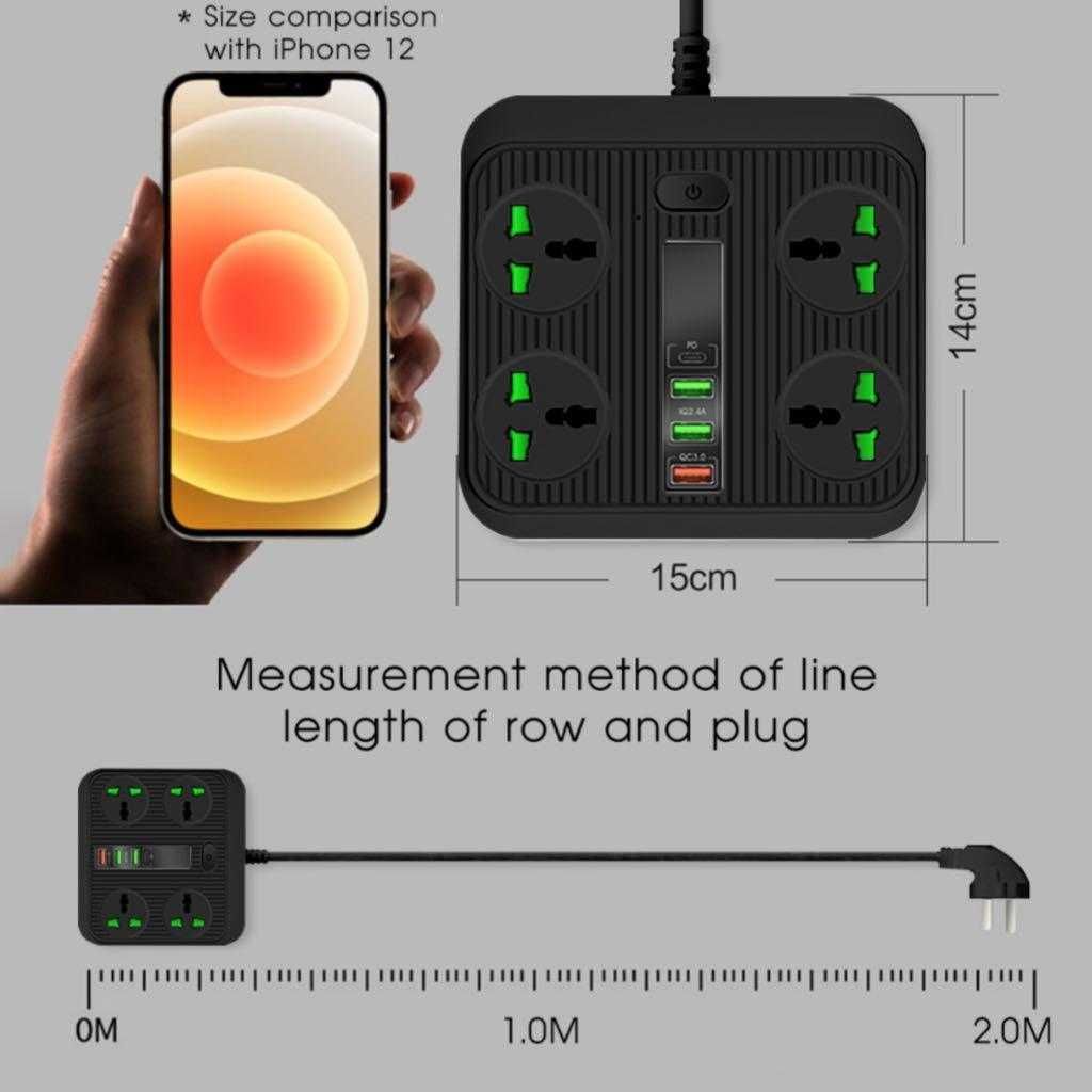 Prelungitor 40W 16A cu 4 prize si 3 x USB + USB-C QC3.0 fast charge 2m