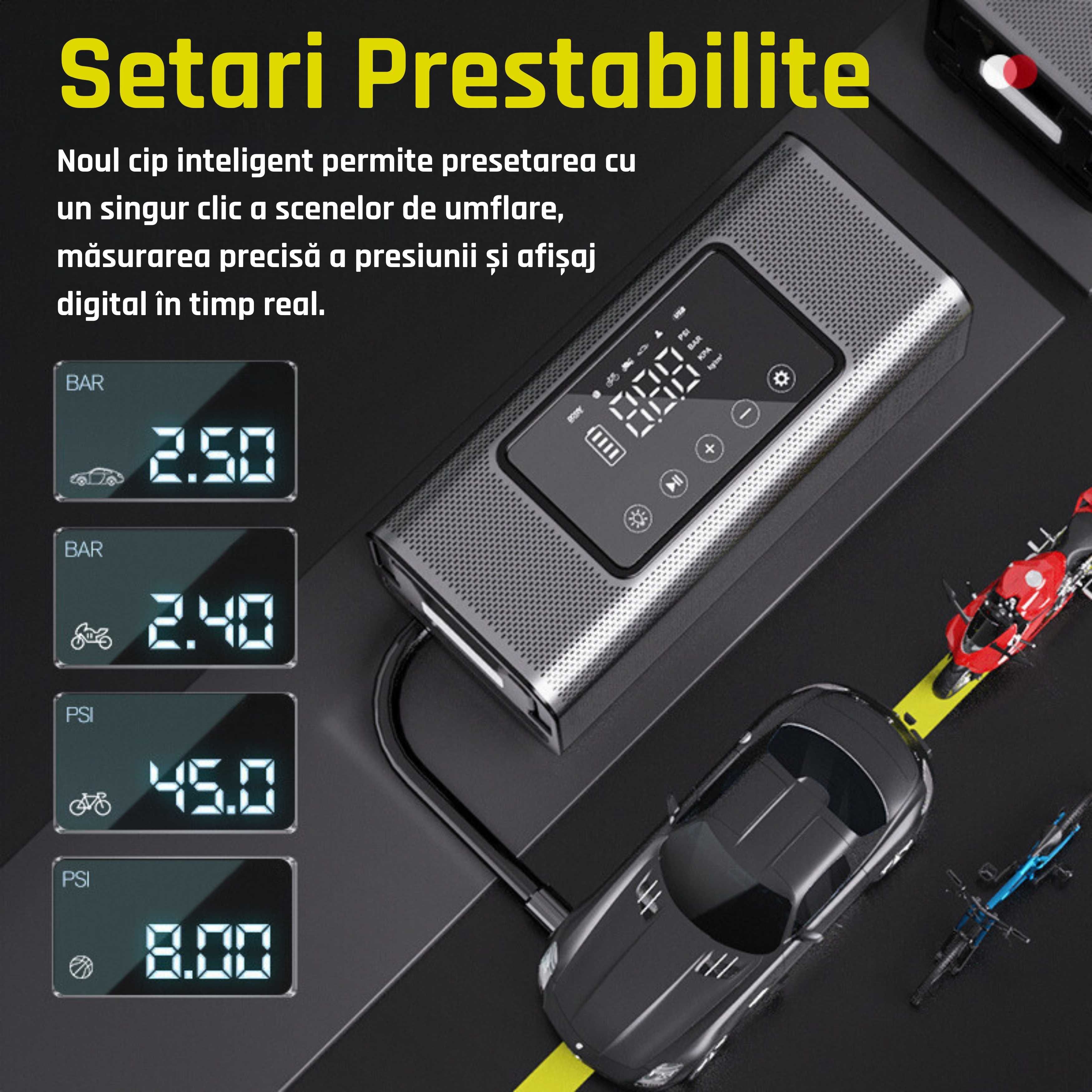 Compresor auto portabil cu acumulator cu 2 cilindri de umflat roti