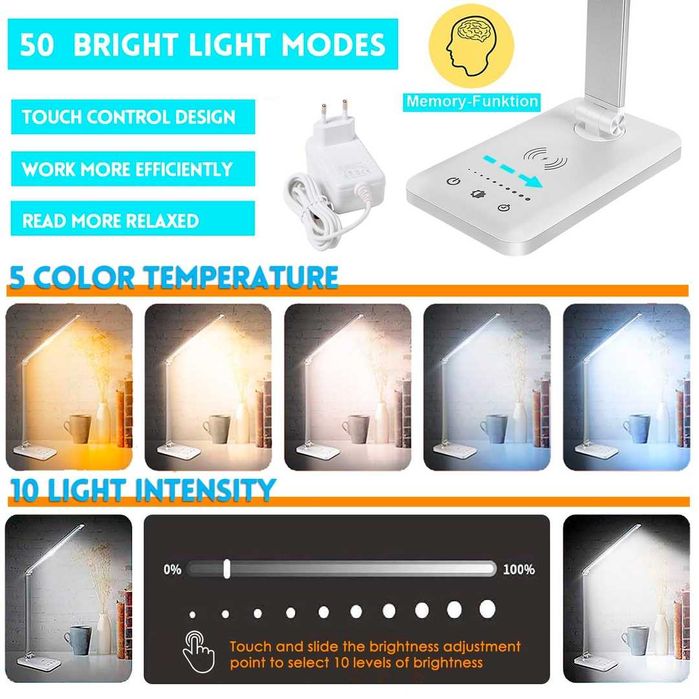 Lampă de birou LED, încărcare wireless 10 W, funcție de încărcare USB,