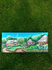 Tablou realizat în culori acrilice (Peisaj de la sat)