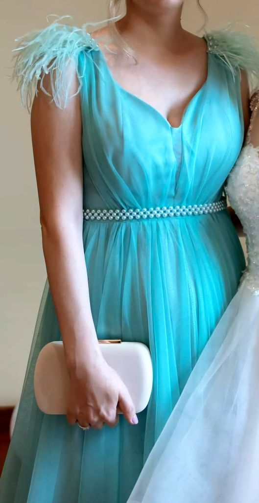 Super pret! Rochie lungă turcoaz elegantă, pene umeri, S-M,ca NOUA!