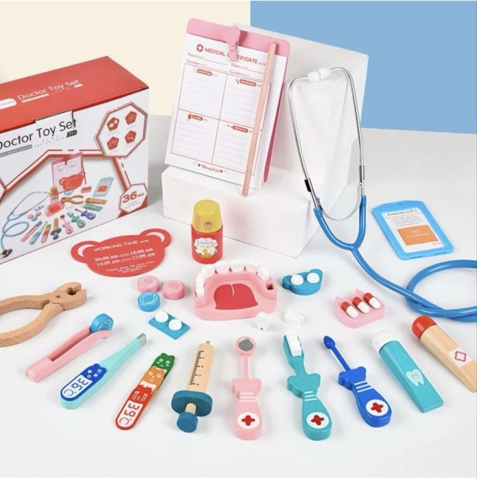 Trusa doctor stomatolog de lemn, 36 de piese, NOU