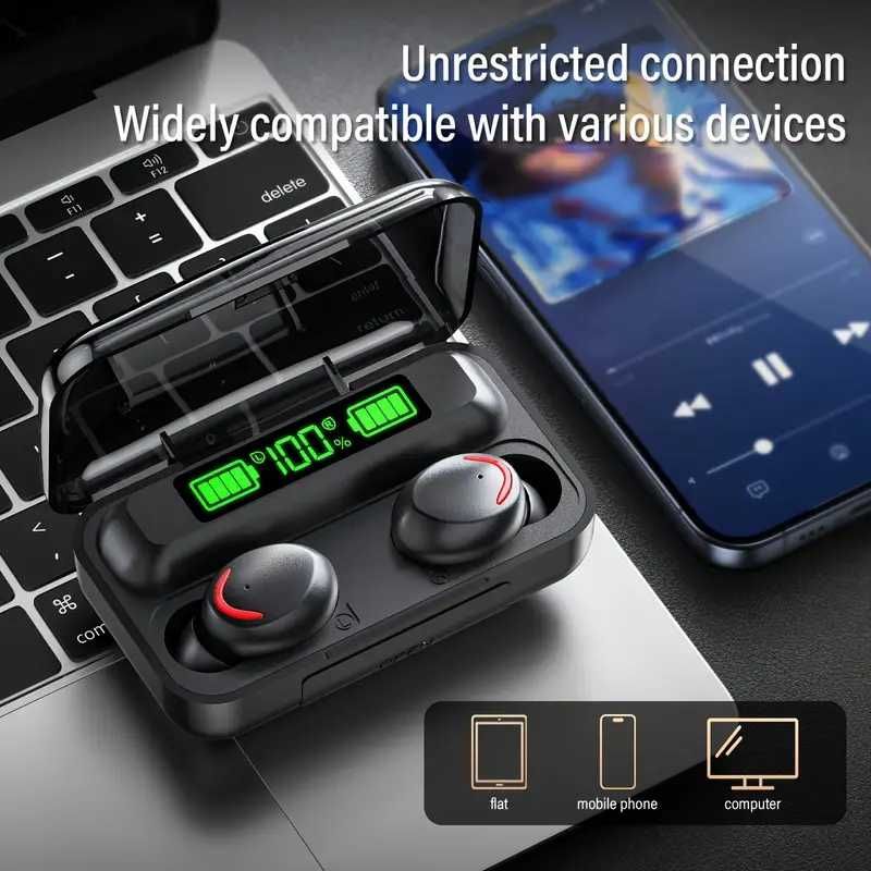 Безжични слушалки F9-5 с Powerbank 3300mAh, Водоустойчиви, Черни