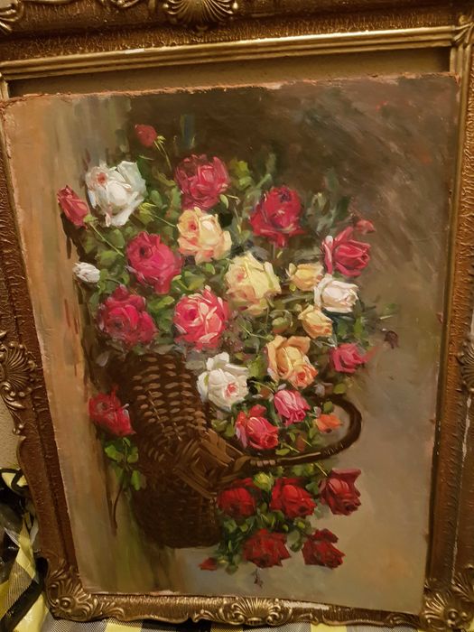 Cos cu Flori - Natura Moarta - Ulei/ Carton 70/50cm Tablou fara Rama