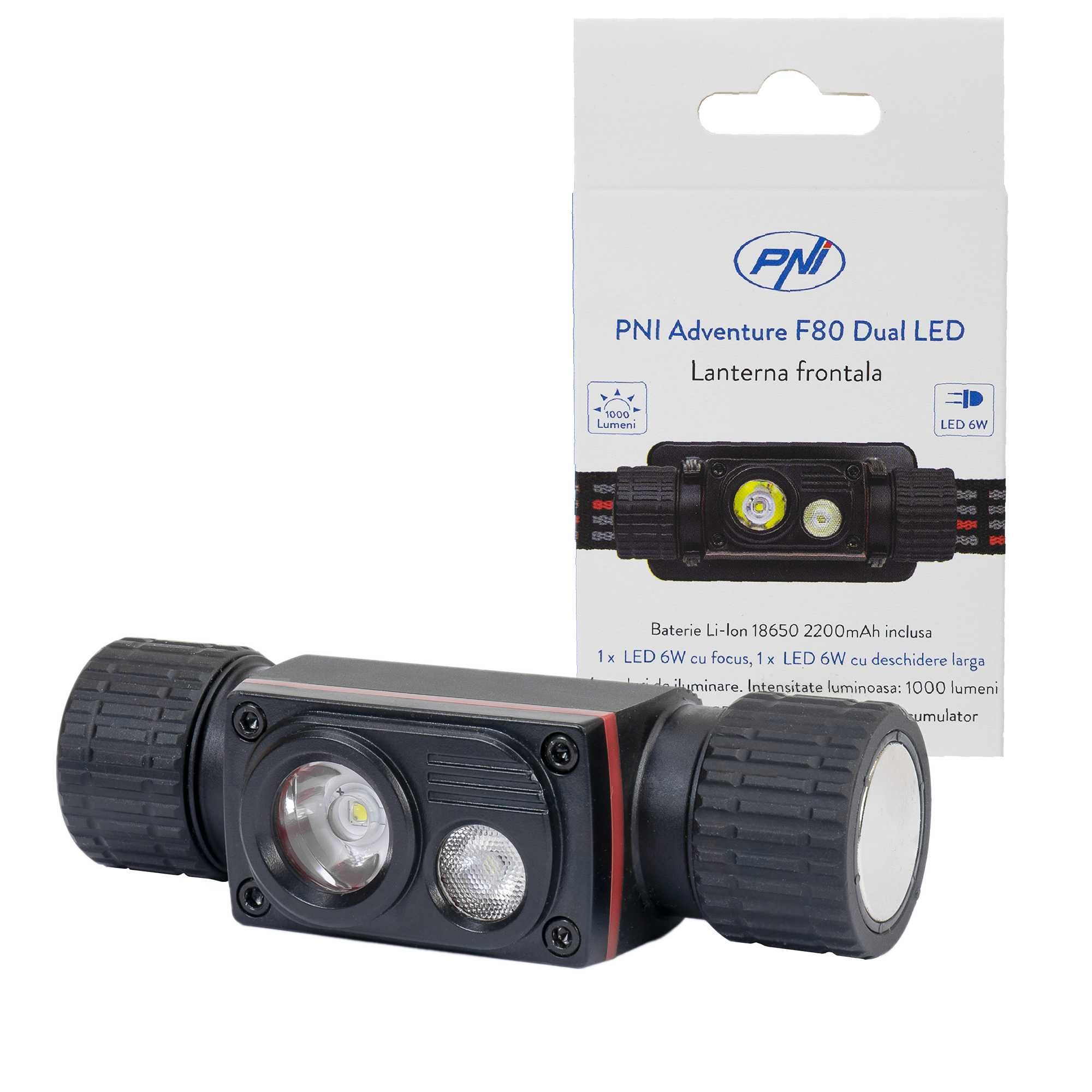 Lanterna frontala PNI Adventure F80 Dual LED, 1000 lm, 6W, 2200 , IP68