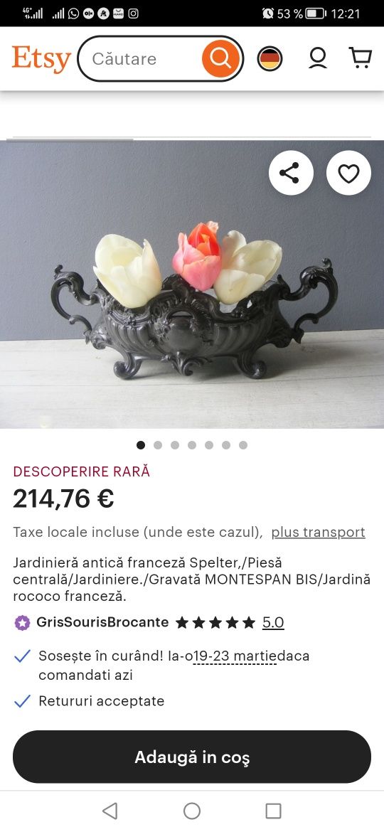 Vand fructiera jardiniera frantuzeasca metalica stil rococo 1940