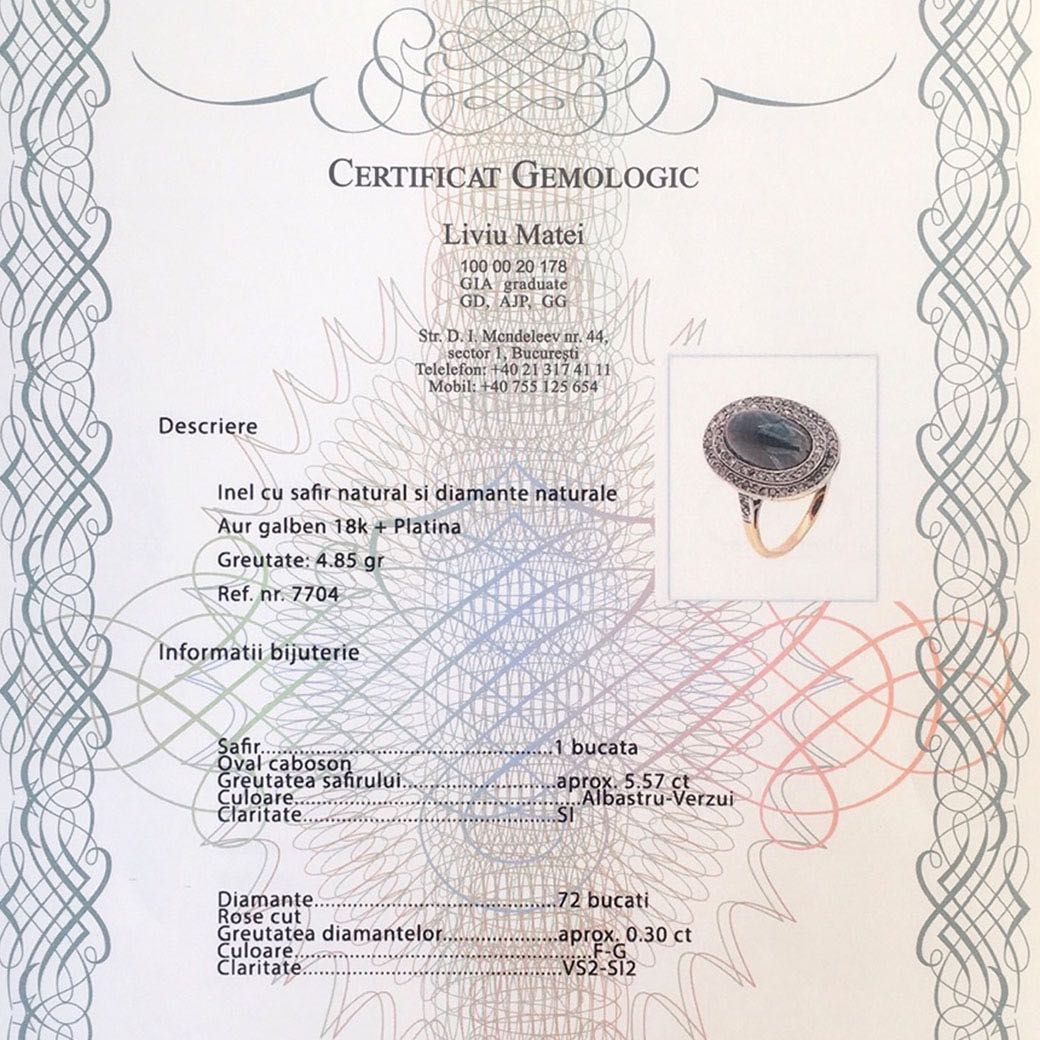 inel Art Deco, aur 18k, platina, safir, diamante, certif.