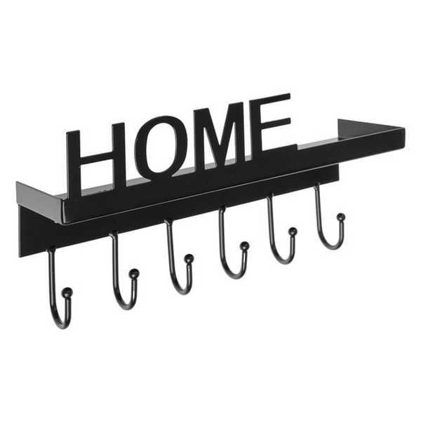 Декоративна поставка за ключове "HOME", 6 кукички и рафт, Черен