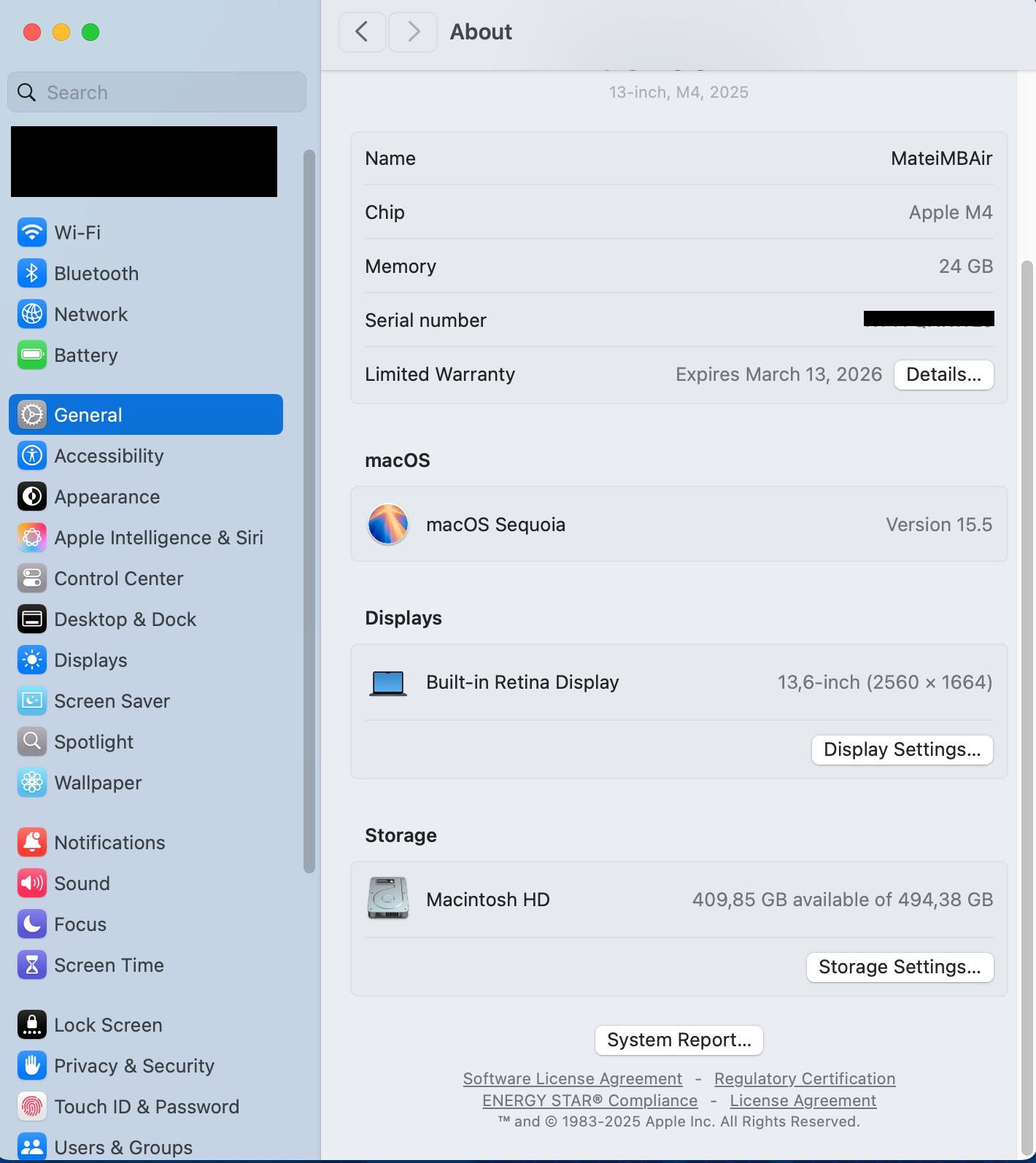 MacBook Air 13", M4, 10 nuclee CPU, 10 nuclee GPU, 24GB RAM, 512GB