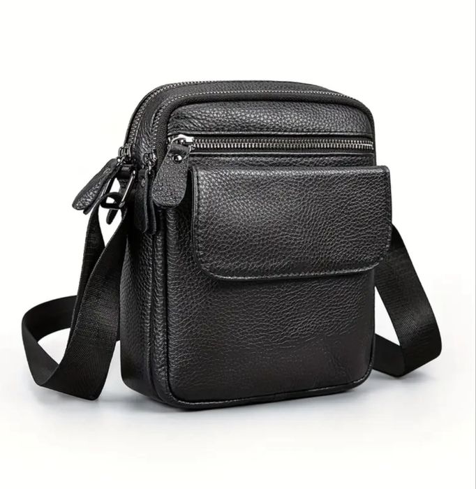 Мъжка компактна кожена чантичка с капаче /Гланцова черна естест. кожа!