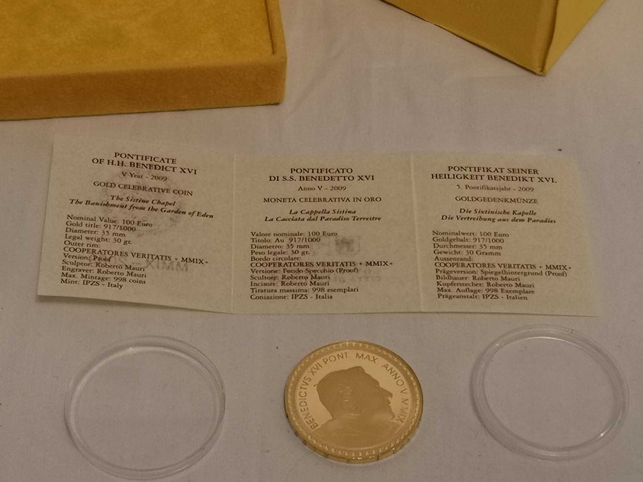 Moneda aur Vatican 2009 100 euro Papa Sistine Chapel Expulsion Heaven