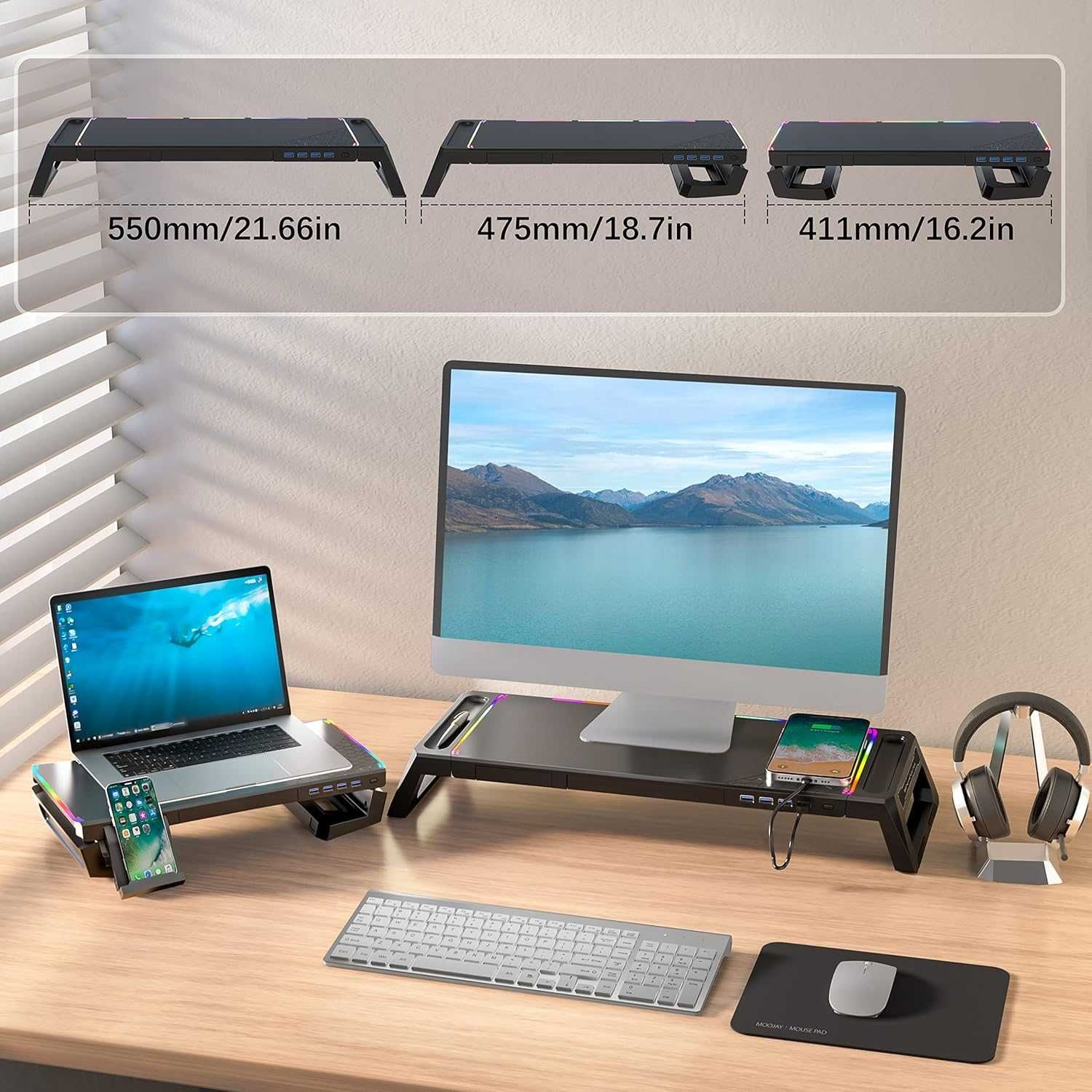 Чисто нова Стойка за монитор MOOJAY S57, RGB светлини, 4 USB 3.0 порта