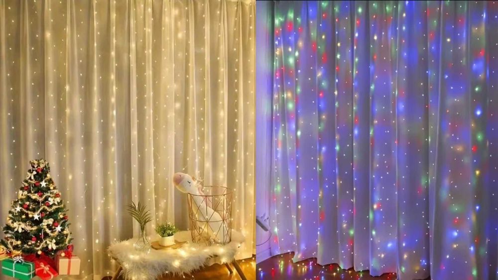 Коледни LED лампички завеса – 3x2м, дистанционно и USB с 8 програми