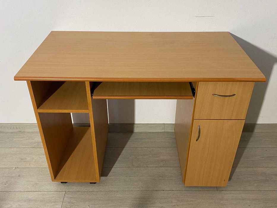 Birou cu Roți 110X60 cm; Masă de Lucru cu Glisieră, Sertar și Dulăpior