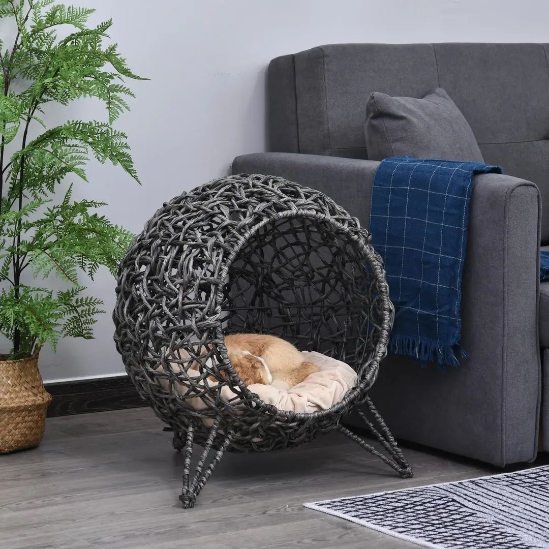 PawHut Къщичка за котки от ратан с възглавница,