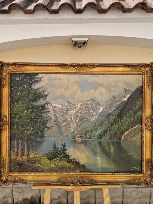 Прекрасна антикварна немска маслена картина върху платно