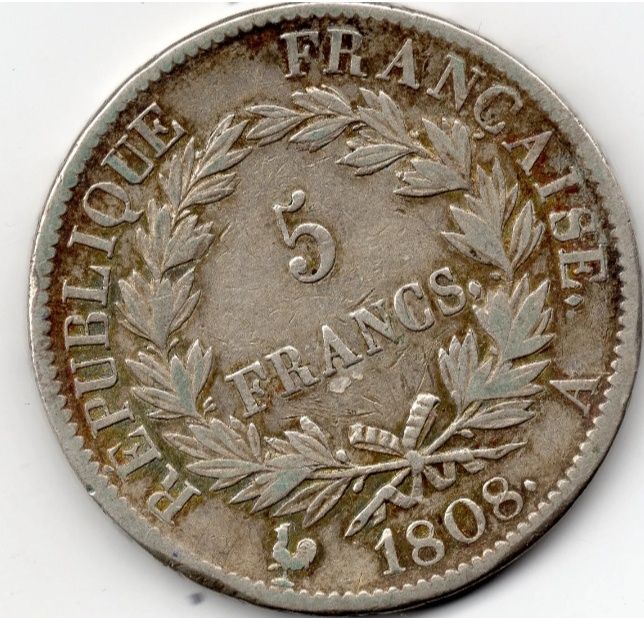 5 franci 1808 A-Paris Napoleon Bonaparte imparat, moneda argint 900