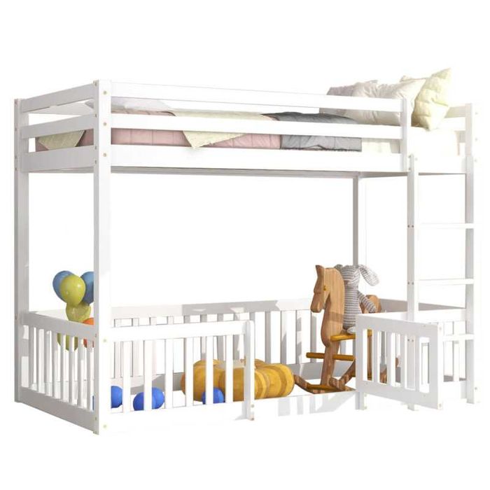 Детско двуетажно легло, PLAYKID, Бял или Натурален, Чам, 190х90см.