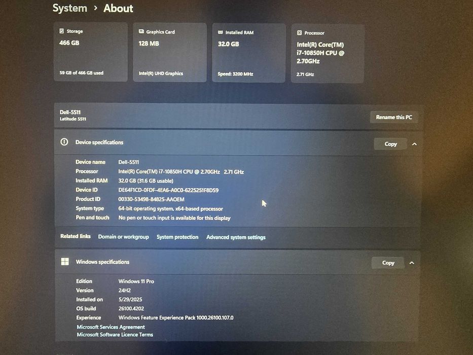 Laptop business 15" Dell Latitude 5511 i7-10850H 32gb RAM, 500gb SSD