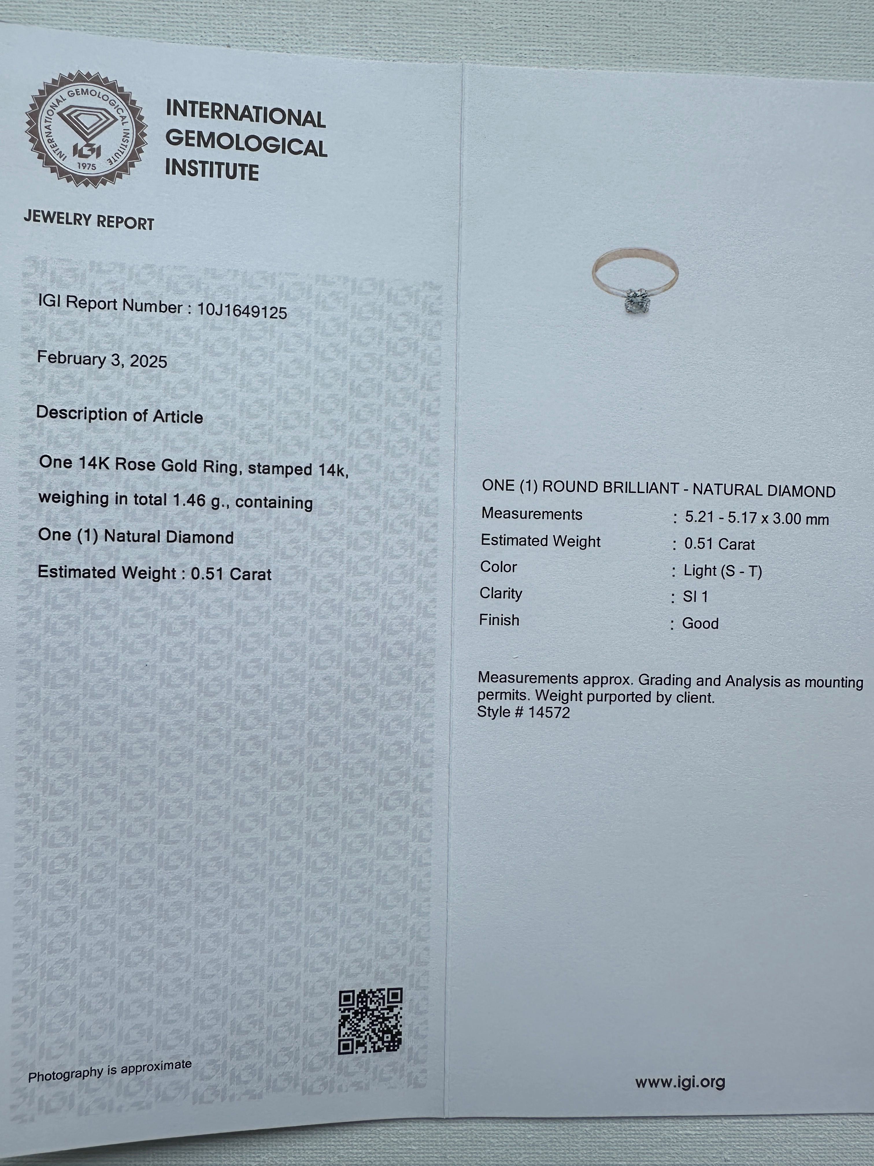 Здатен пръстен 14К с диамант 0,51 ct съел сертификат