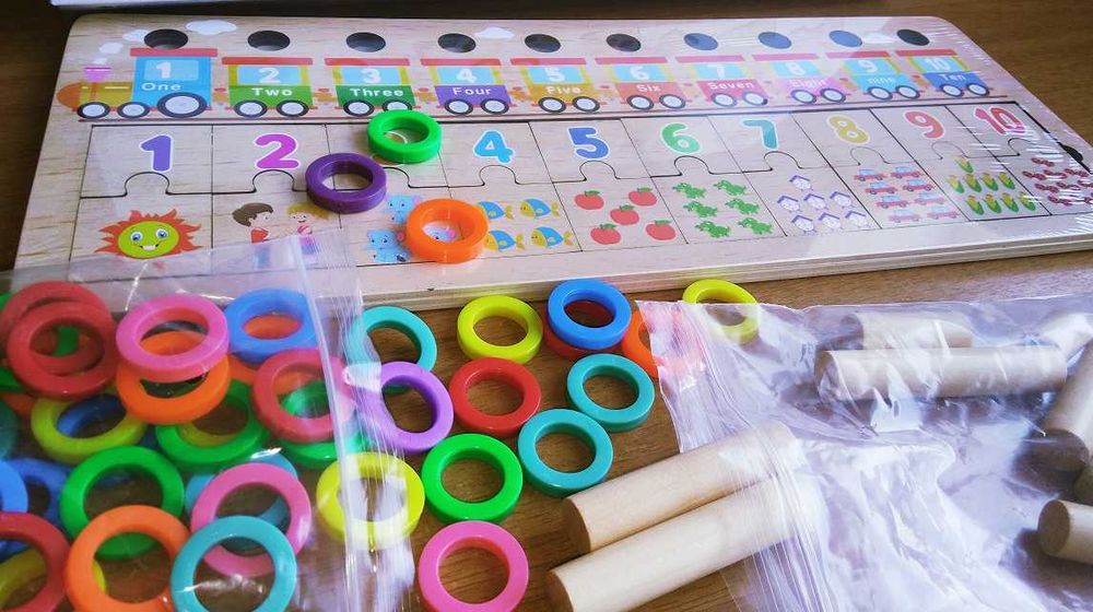 3в1 Образователно-занимателна дървена игра за броене, редене и смятане