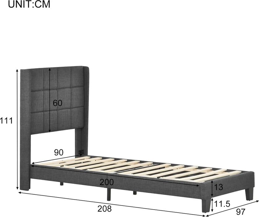NOU Pat tapițat gri, 90/200cm