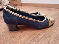 Pantofi Clarette mas 39 toc de 5 cm bleumarin cu auriu piele intoarsa