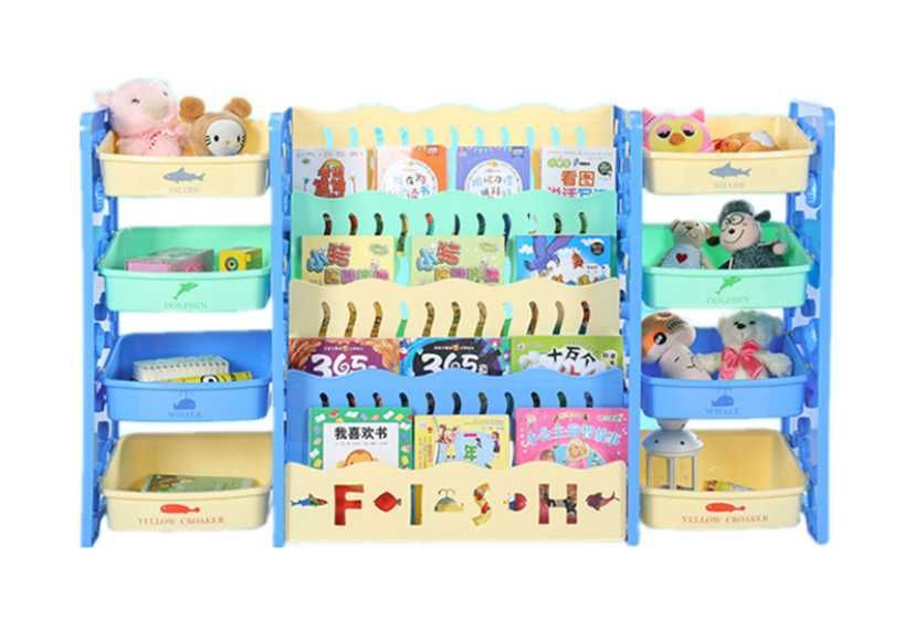 Детский стеллаж с ящичками для хранения игрушек и полочками.