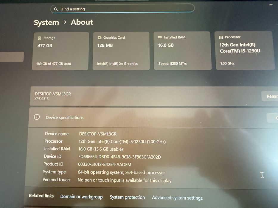 Dell XPS 9315 16GB, SSD 512GB, CPU i5 1230U