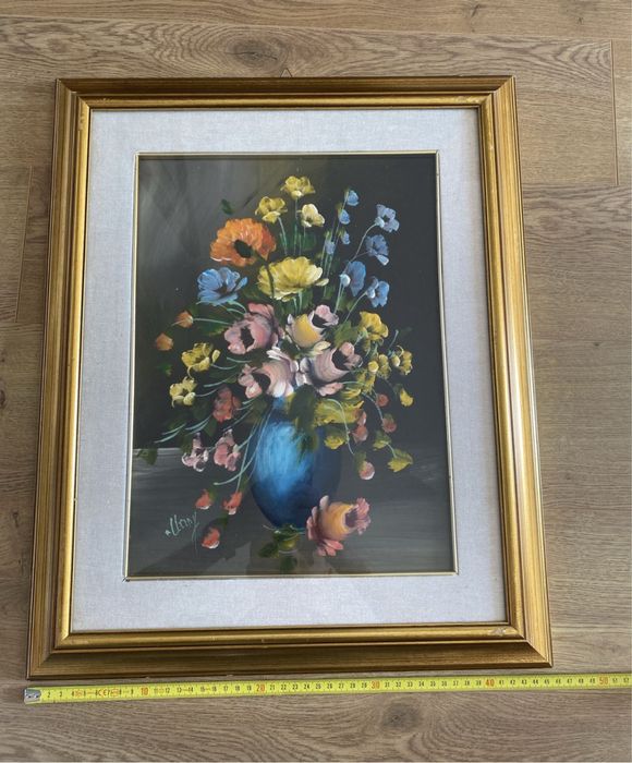 Tablou pictura ulei pe placaj buchet flori colorate (semnat)
