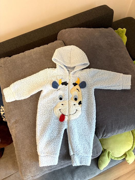 Пухкав ромпър с качулка и крава, 68 размер