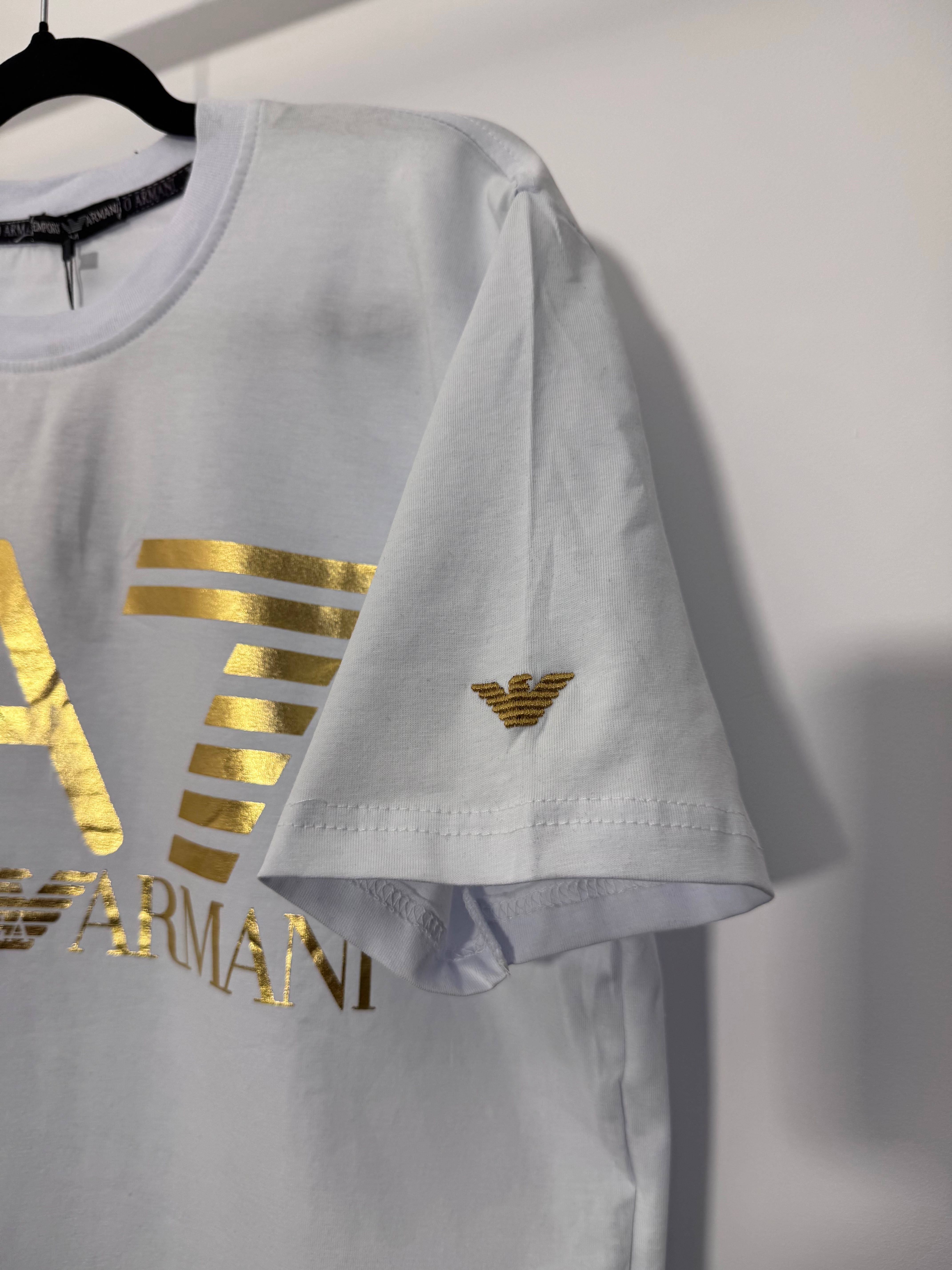 Tricou alb Emporio Armani PREMIUM cu logo auriu