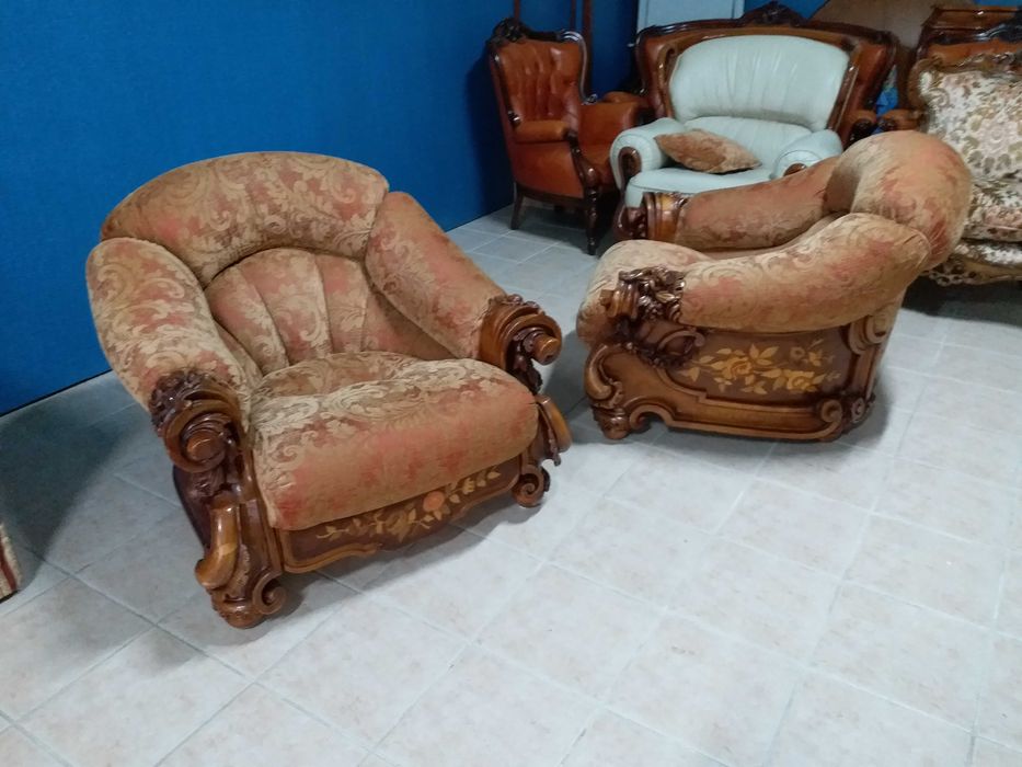 Set baroc 2 fotolii si canapea matase lemn sculptat Italia stil antic