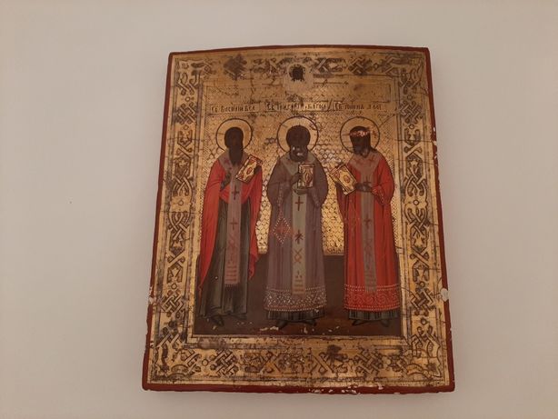 Антикварная икона, Три святителя. Сусальное золото. 19 век.