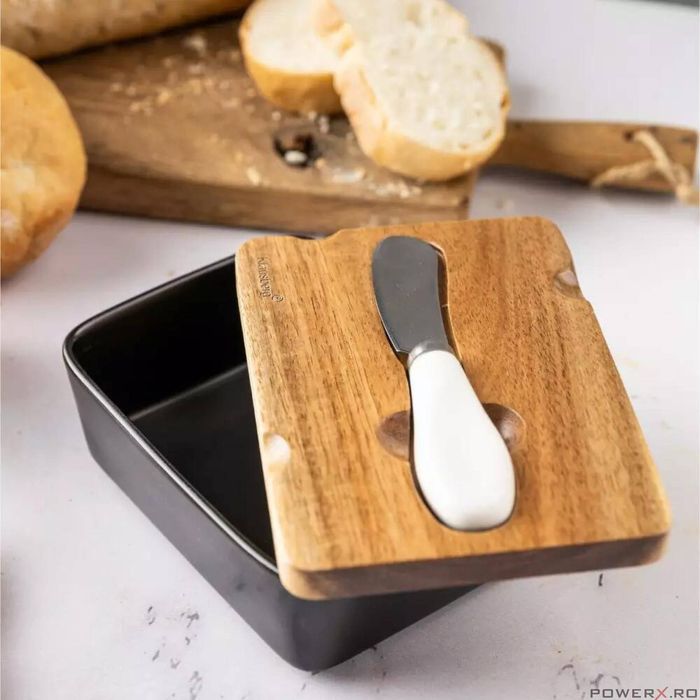 Cutie pentru unt din ceramica, untiera, neagra, cu capac din lemn de
