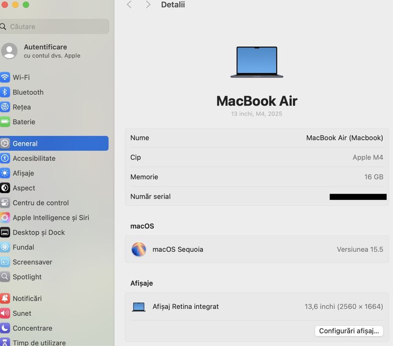 MacBook Air 13-inch/ M4 / 16 Gb RAM / 256 GB / Midnight / Desigilat