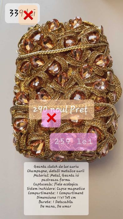 clutch metalic pietre, auriu Champagne, preț 259 lro