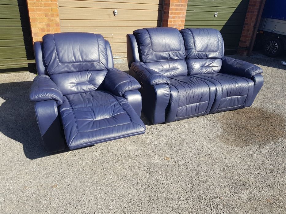 Canapea piele albastru si fotoliu recliner