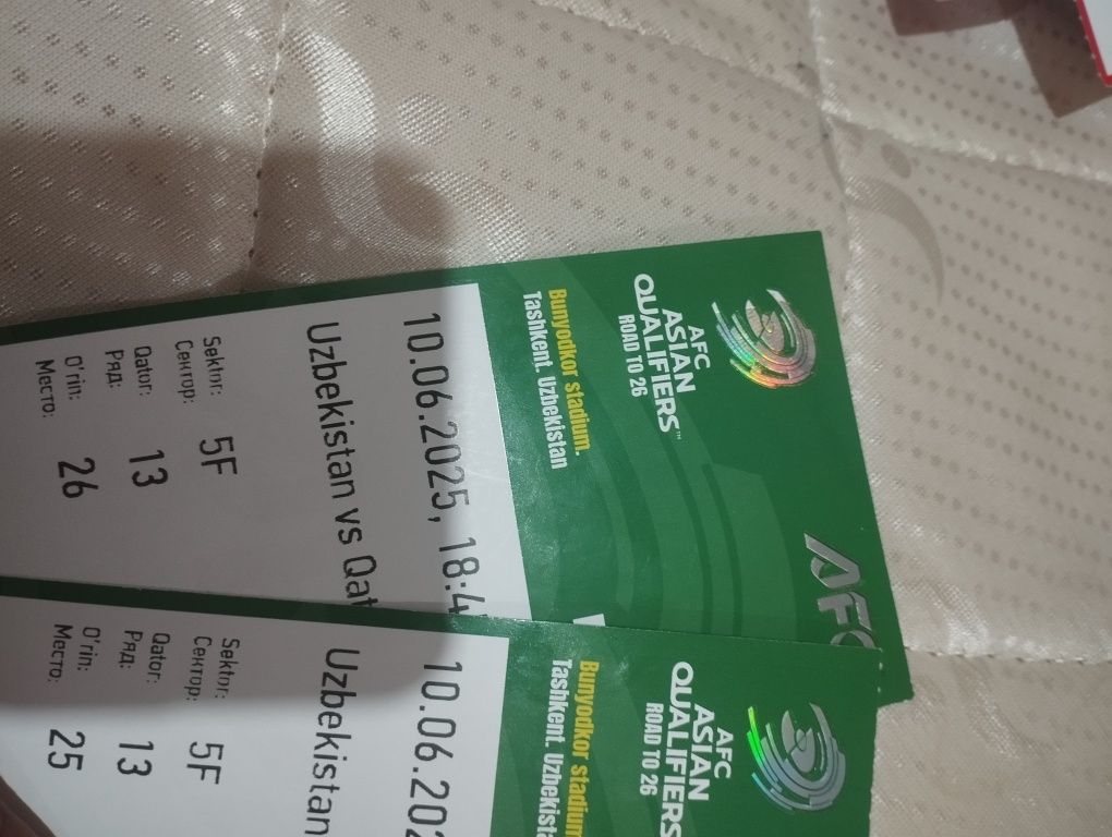 Futbol  bilet Oʻzbekiston Qatar 10 iyun soat 18-45 biletlar bor
