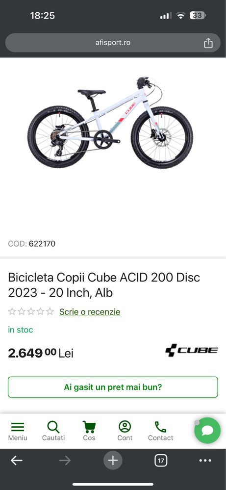 Bicicleta copii , MTB 20 , cube acid 200, frane hidraulice, ca noua