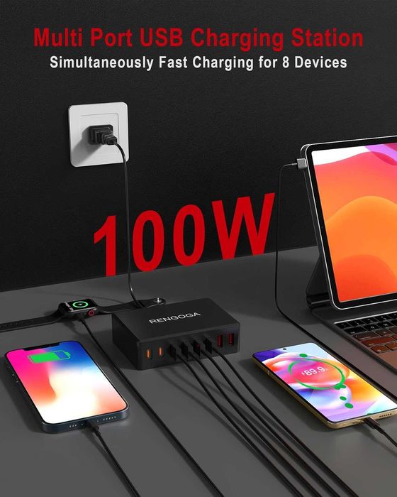100 W 8-портово USB C зарядно устройство