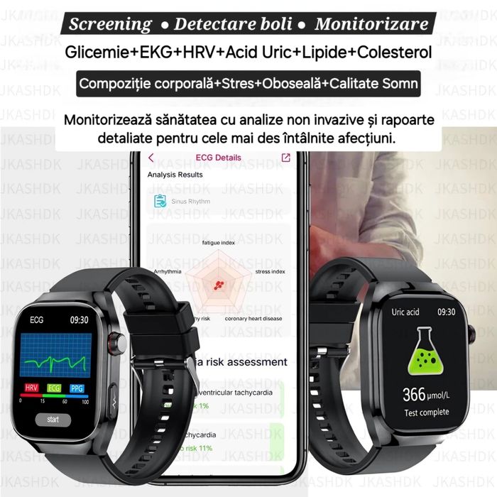Smartwatch Medical Roz. Analize fără ac: glicemie, colesterol, EKG etc