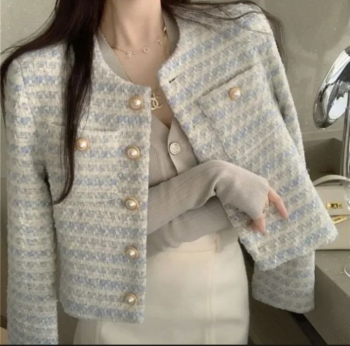 корейский шикарный женский твидовый базовый пиджак на пуговицах пальто