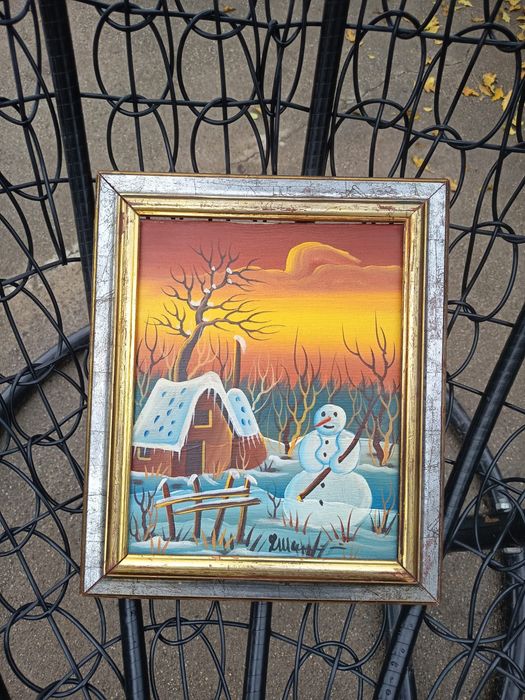 Tablou Deosebit Pictat Și Semnat Pe Pânză Peisaj De Iarna