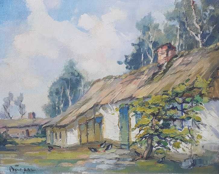 Tablou vechi - curte cu pasari domestice - semnat Baesu